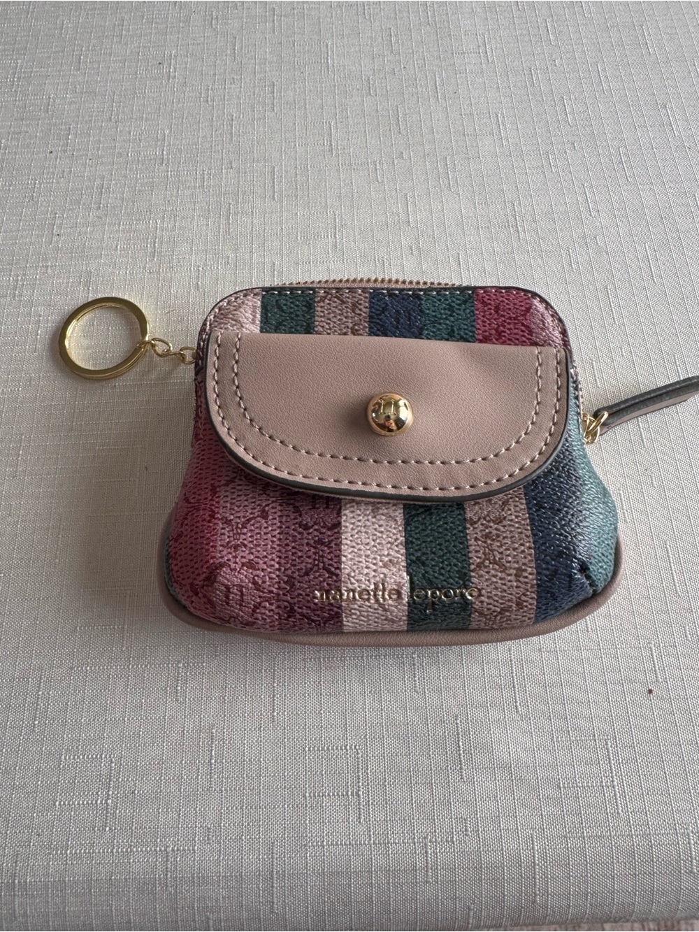 Nanette Lepore Pink Flap Striped Multicolor Key Pouch